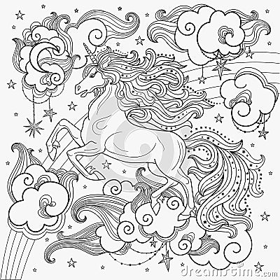 A beautiful unicorn among the clouds.Black and White. Vector Illustration